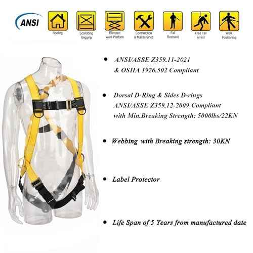 3D-Ring Industrial Fall Protection Safety Harness ANSI/ASSE Z359.11-2021 Compliant Full Body Personal Protection Equipment 3-Point Adjustment Universal 310 lbs