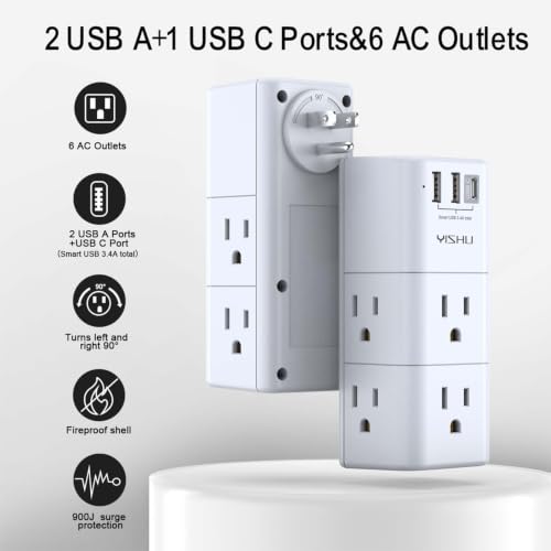 YISHU White USB Multi Plug Outlet Extender with Surge Protector & Rotating Plug