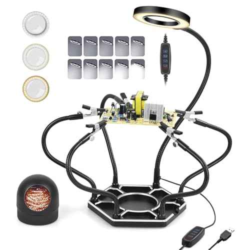 Magnetic Helping Hands Soldering Station with Light,Third Hand Soldering Tool,with Five-Claw Flexible Arms,3X LED light Magnifying Glass,for Soldering Repairing Jewelry Crafts