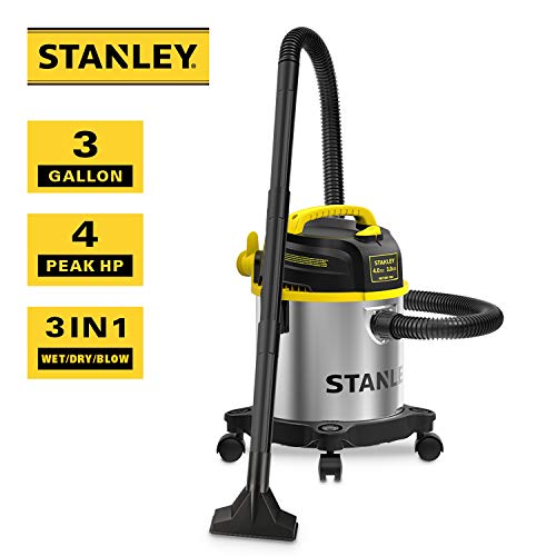 Stanley 3 Gallon Wet Dry Shop Vacuum with 4 Peak HP Motor, Stainless Steel, Portable & 3-in-1 Blower