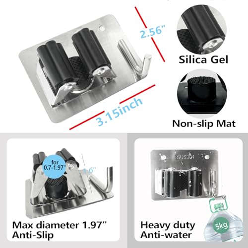 HAOYOWJY Mop Holder and Broom Holder Wall Mount Stainless Steel 304 Tool Garage Organization Rack Screw and Self Adhesive Broom Hanger Heavy Duty 4pcs