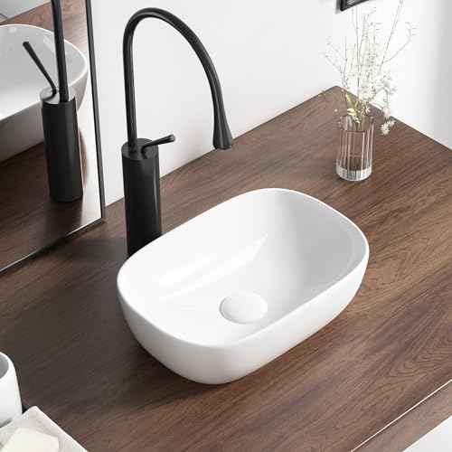 Small Vessel Sink Bowl Above Counter, QISHKA 14" x 10" Ceramic Oval Modern Bathroom Sink White Vanity Sink Lavatory Art Basin