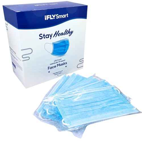 IFLY Smart Premium Disposable Blue Face Mask Individually Wrapped - Soft on Skin - 100 Pack of 3-Ply Masks Facial Cover