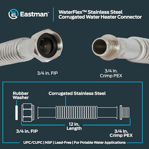 Eastman 12-Inch Stainless Steel Flexible Water Heater Supply Line, 3/4" FIP & Crimp PEX