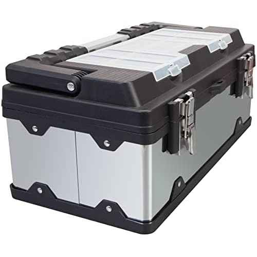 Road Dawg ROAD DAWG A5519BD Torin 18" Stainless Steel Portable Storage Tool Box Organizer with Metal Lock, Clear Lid Compartments, and Removable Tray - Stainless Steel/Black