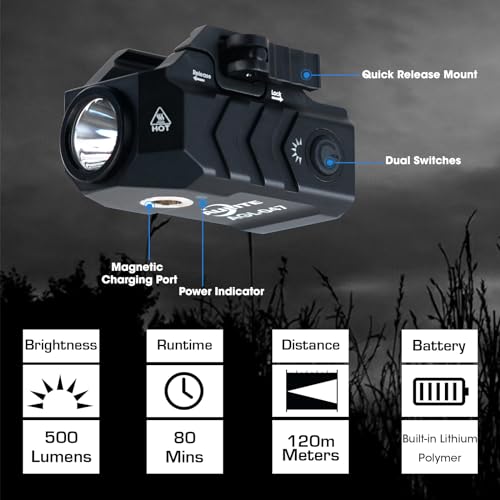 Tactical Flashlight Low Profile Quick Release,Mini Size,Magnetic Rechargeable for Pistol,Airsoft Light,Picatinny Rail Attachments