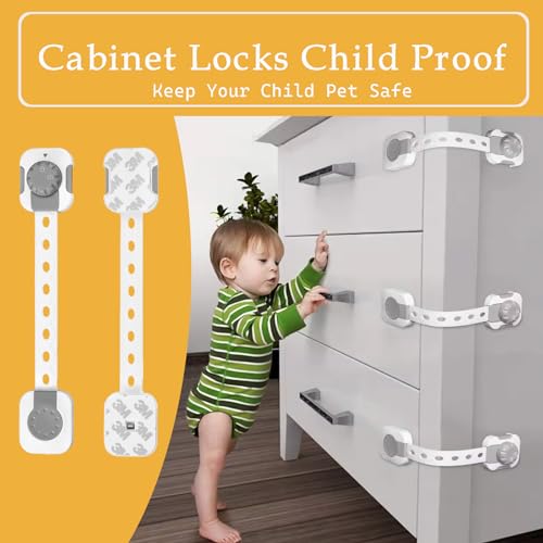 Fursafe&Q Child Safety Cabinet Proofing, Baby Cabinet Locks Adhesive Adjustable Child Safety Strap Locks Drawer Fridge Ovens Toilet Latches No Screws for Furniture Kitchen 6 Pack