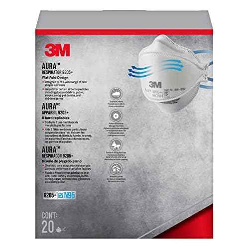 3M Aura Particulate N95 Respirator 9205+, Flat Fold Lightweight Design, Non-Valved, 20 Count (Pack of 1)