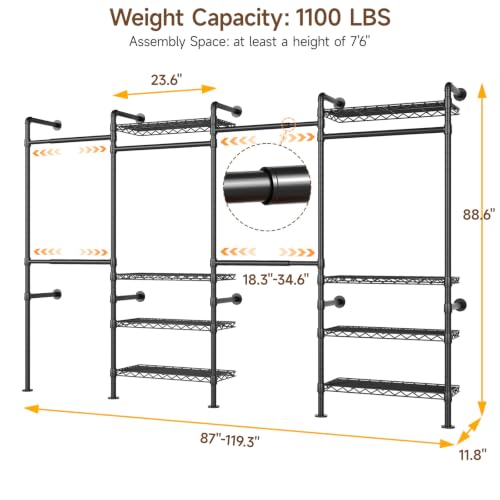 ONBRILL Black Wall Mounted Closet System Expandable Industrial Pipe Garment Rack