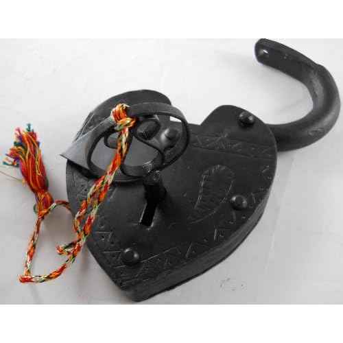 Large Antique Reproduction Heart Padlock with Key