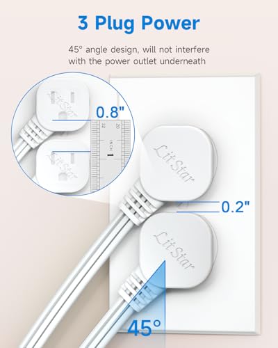 LitStar 1Ft White Flat Plug Extension Cord 2 Pack, 90-Degree Power Adapter