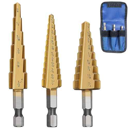 Step Drill Bit Set, Step Bits for DIY Projects and Professionals ? Titanium-Coated High-Speed Steel Step Drill Bits for Wood, Metal, and Plastic (3 Pcs)