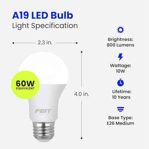 Feit Electric A19 LED Light Bulb, 60W Equivalent, E26 Medium Base, 800 Lumens, 3500K Neutral White, Non-Dimmable Standard Light Bulb, 10-year Lifetime, A800/835/10KLED/4, 4 Packs