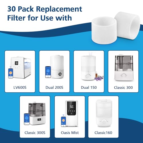 Beckacher 30-Pack Levoit Humidifier Filters for Classic160 Dual150 LV600S (Top Fill) Sponge Replacement