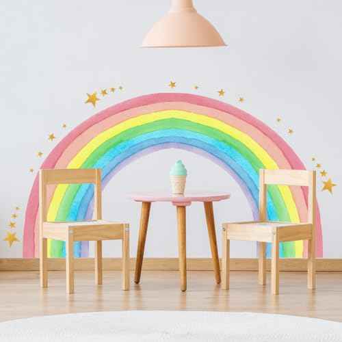 Large Watercolor Rainbow Wall Decals, Colorful Nursery Wall Decor, Peel and Stick Wall Decor for Kids, Toddler Bedroom, Living Room, Playroom