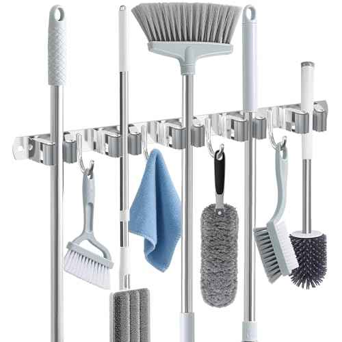 Broom Holder Wall Mount, Broom Organizer Wall Mount Stainless Steel Broom and Mop Hanger Heavy Duty Storage Organization for Home Kitchen Garden Garage Room 5 Racks 4 Hooks