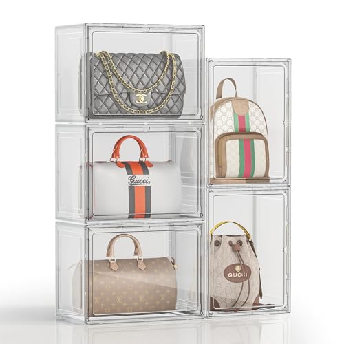 XL-5 Pack Purse Organizer for Closet - White, Stackable Handbag Storage with Magnetic Door
