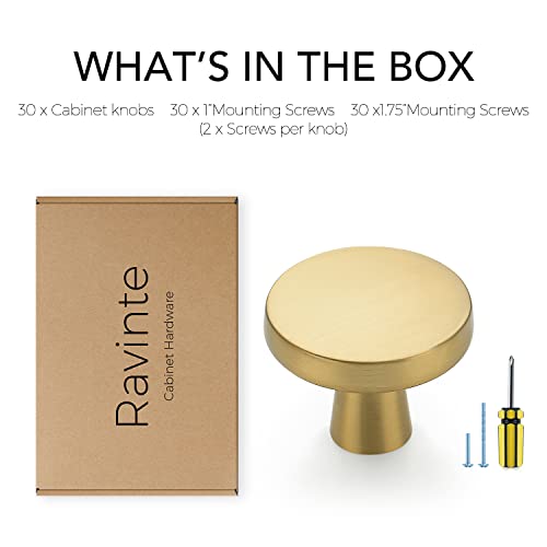 Rustic 30 Pack Brushed Brass Round Kitchen Cabinet Knobs - Gold, Modern & Durable