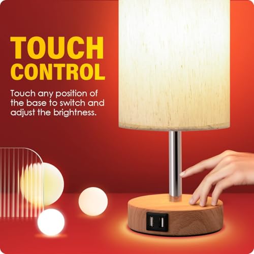 Yarra-Decor Fabric Bedside Table Lamp with USB Ports & Touch Dimmable Nightstand
