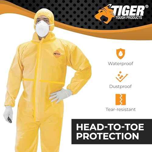 Tiger Tough Chemical Protection Coveralls, Yellow Disposable Hazmat Suit for Men & Women with Hood & Zipper