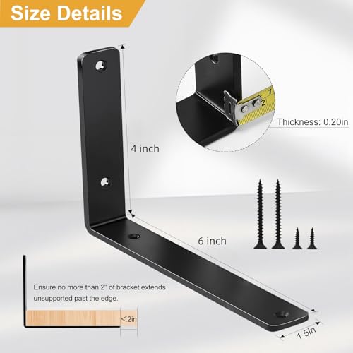 Black 4 Pack Heavy Duty L Shelf Brackets 6 inch x 4 inch, Metal Wall Supports