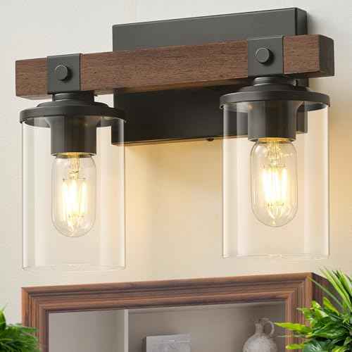 GoYeel Farmhouse Vanity Lights for Bathroom, Wooden Rustic Vanity Lighting fixtures 2-Light Bathroom Lights Over Mirror Vintage Wall Sconce Lighting with Clear Glass Shade for Bedroom Hallway