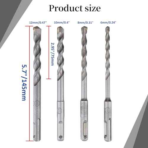 Rotary Hammer Bit Set Concrete Drill Bit for Concrete, Cement, Stone, Brick, Masonry Wall 6+8+10+12mm - 4pcs