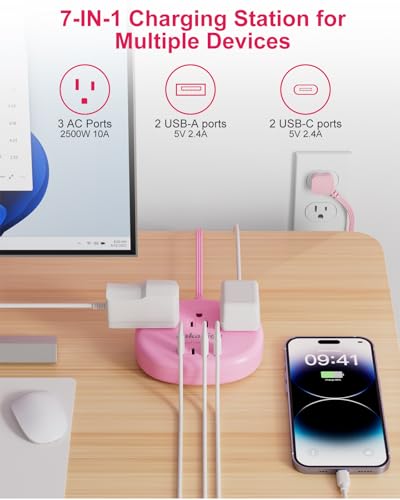 Pink 5FT Extension Cord with USB C Power Strip - Kawaii Style