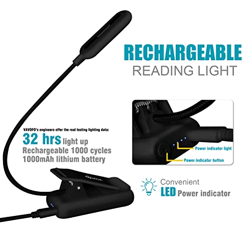 VAVOFO Rechargeable Book Light with 7 LEDs, 9 Color Temperatures & Brightness Levels - Black