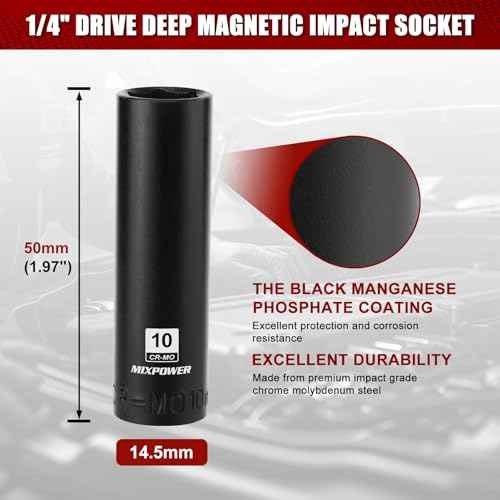 MIXPOWER 1/4" Drive Deep Magnetic Impact Socket, 6 Point, 10mm, Metric, CR-MO