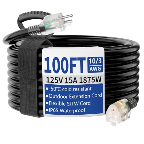 Black 100ft Heavy Duty Outdoor Indoor Extension Cord with Lighted Plug