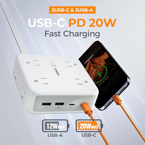 TESSAN 12-in-1 Power Strip with Surge Protection, 5 Ft Flat Wall Plug, USB-C & USB-A Ports, Mountable Extension Cord White