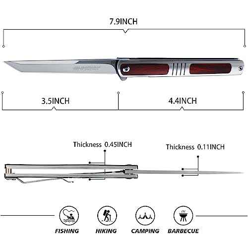 Pocket Knife for Men, 3.5 inch Folding Knife with Pocket Clip,Rosewood Handle Tanto Knife, Great Gift For Men and Women