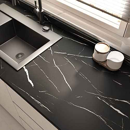 Wallercity Thick Matte Black Marble Contact Paper Granite Peel and Stick Wallpaper for Countertop Cabinets Liner Waterproof Self-Adhesive Marble Wallpaper for Kitchen Bathroom Bedroom 15.8''x78.7''