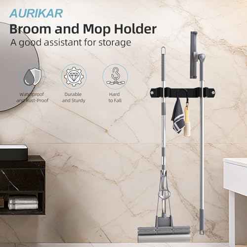 Broom Holder Wall Mount, Stainless Steel Mop and Broom Organizer, Broom Hanger with 2 Slots 2 Hooks for Home Kitchen, Garage, Garden and Laundry Room, Black