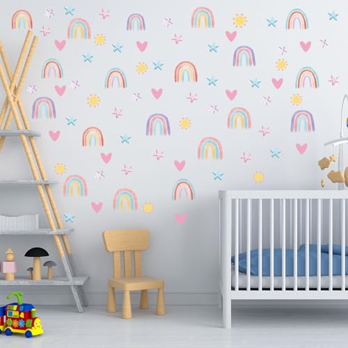 Rainbow 72pcs Wallpaper Wall Decals, Hearts, Suns, Stars, Watercolor Art for Girls, Nursery, Bedroom, Living Room, Toddler, Party Decals