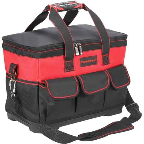 17 Inch Tool Bag with Adjustable Shoulder Strap,Wide Mouth Tool Bags,Heavy Duty Waterproof Tools Bag Organizer,Plastic Hard Bottom Base Tool Tote Bag for Men