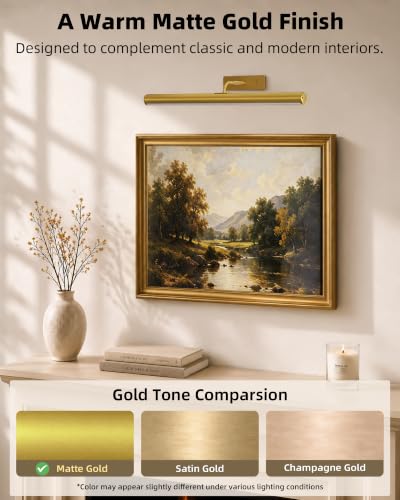 EZVALO 16 Inch Rechargeable Picture Light with Gold Finish, 6000mAh Battery, Adjustable Color & Brightness
