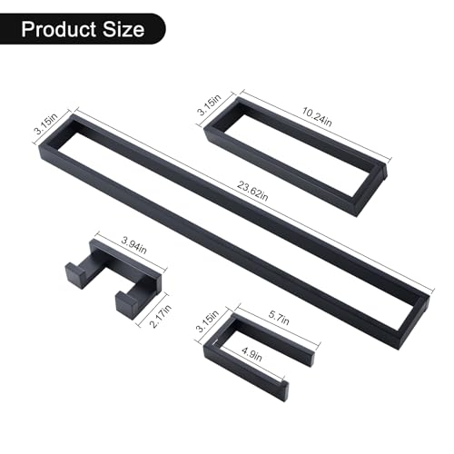 TNOMS Black Towel Bar Set, 4-Pieces Bathroom Hardware Set Modern Bathroom Towel Holder Set SUS304 Stainless Steel Wall Mounted Towel Rack Set,23.6 Inch