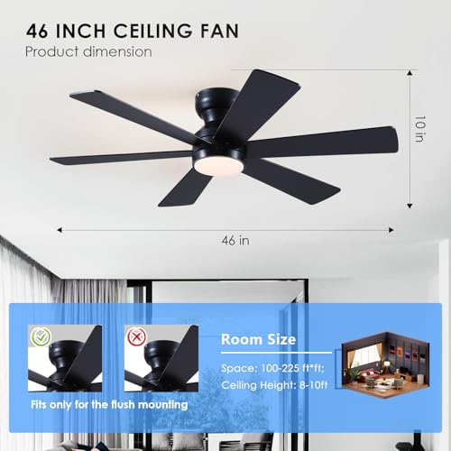 Asyko 46-Inch Black 6-Blade Modern Ceiling Fan with Light & Remote Control