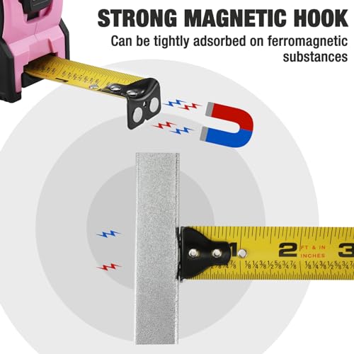 WORKPRO Pink 25FT Tape Measure with Easy Read 1/8 Inch Markings & Magnetic Hook