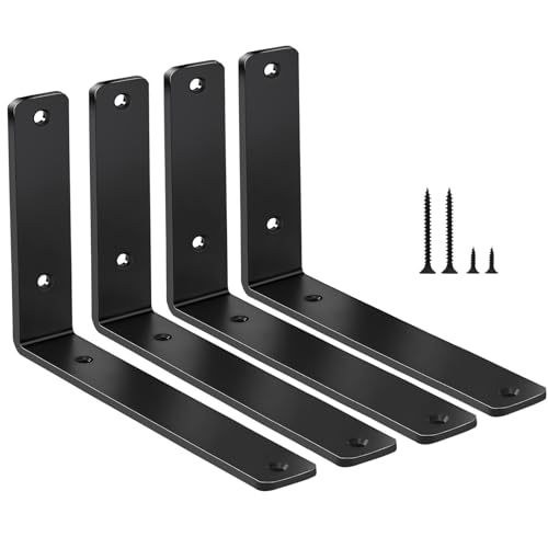 Black 4 Pack Heavy Duty L Shelf Brackets 6 inch x 4 inch, Metal Wall Supports