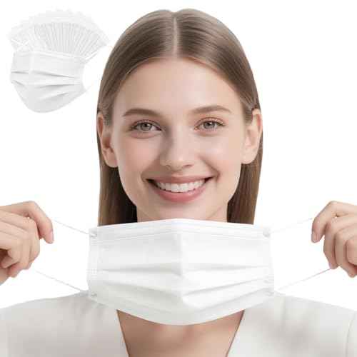 Individually Wrapped Disposable White Mask for Adults Men Women Teen Boys Girls 3-Ply Filter Protection Breathable Soft Face Cover with Longer Earloops 50 Pack Latex-free Large