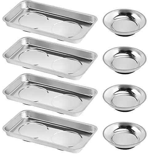JOIKIT 8 Pieces Magnetic Parts Tray Set, Stainless Steel Magnetic Tool Tray Holder, 4.2 Inches Round Bolt Trays and 9.5 x 5.5 Inches Square Mechanic Trays for Screws, Bolts, Nuts