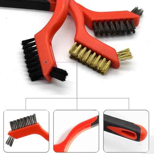 Wire Brush 3Pcs Metal Scrubber - Nylon/Brass/Stainless Steel Bristles with Curved Handle Grip for Cleaning Rust Removal, Dirt, Paint Scrubbing with Deep Cleaning ? 7 Inches