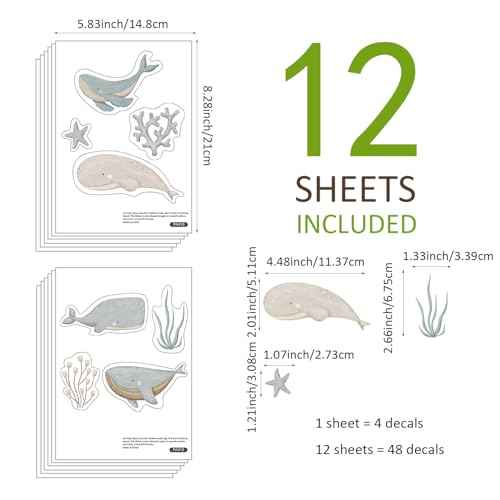 48 PCS Ocean Wall Decals Peel and Stick, Under The Sea Animal Themed Wall Stickers for Kids Room, Whales