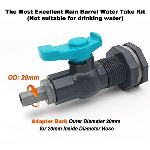 Rain Barrel Spigot PVC Faucet Kit Water Barrel Diverter Kit with Bulkhead Fitting,Ball Valve,Garden Hose Barb(20mm) Adapter,Pipe Clamps,Thread Seal Tape(kit for 20mm ID Hose)