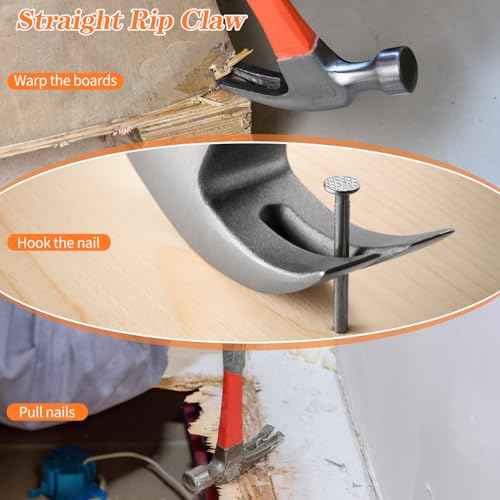 16oz Claw Hammer, Straight Rip Hammer, Fiberglass General Purpose Claw Hammer with Smooth Face & Non-slip Grip