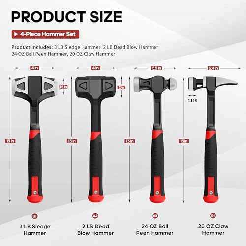 YIYITOOLS 4-Piece Hammer Set - 2LB Dead Blow, 24oz Ball Peen, 20oz Claw, 3LB Sledgehammer - One-Piece Carbon Steel Forging, Ergonomic Anti-Slip Rubber Grips for Garages, Repair Shops, and DIY