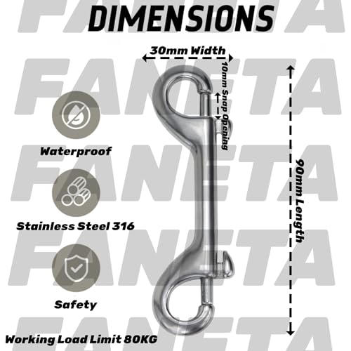 Faneta 90mm Double Ended Bolt Snap Hooks, Marine-Grade 316 Stainless Steel, Set of 2